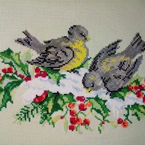 New Handmade Embroidered picture "Titmice " 26 cm x 16 cm Cross Stitch